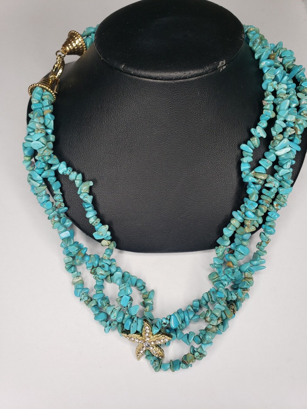Turquoise Multi-Strand Chip Necklace with Starfish Accent - Turquoise